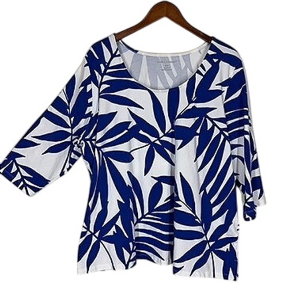 Jessica London Women's Top 1X Blue White Palm Leaf Print Scoop Neck 3/4 Sleeve